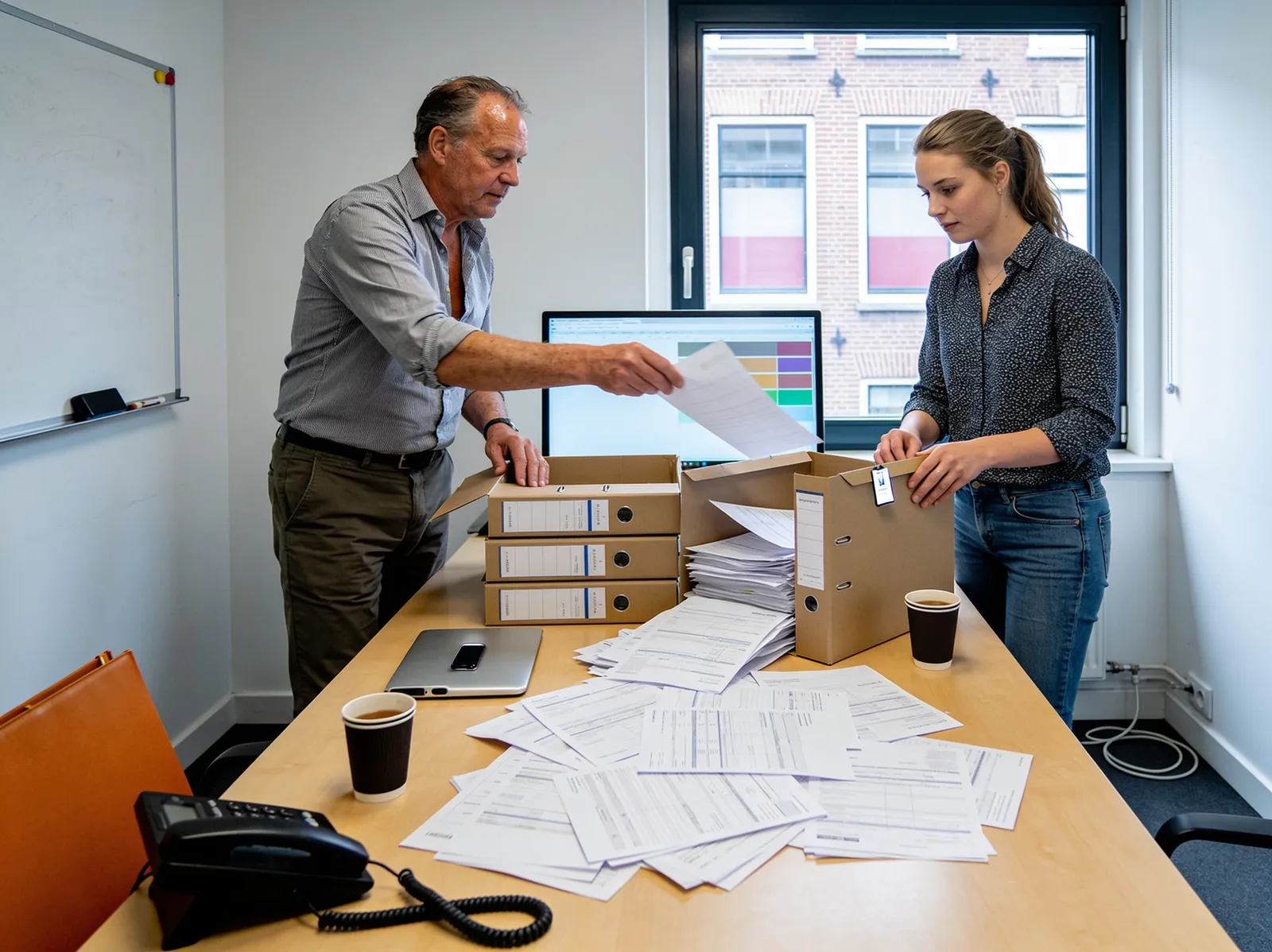 Twee collega's sorteren papierwerk